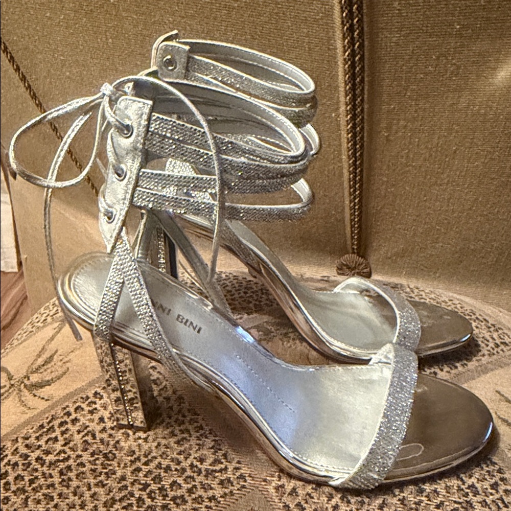 Gianni Bini Elegant Silver Rhinestone Strappy Heels